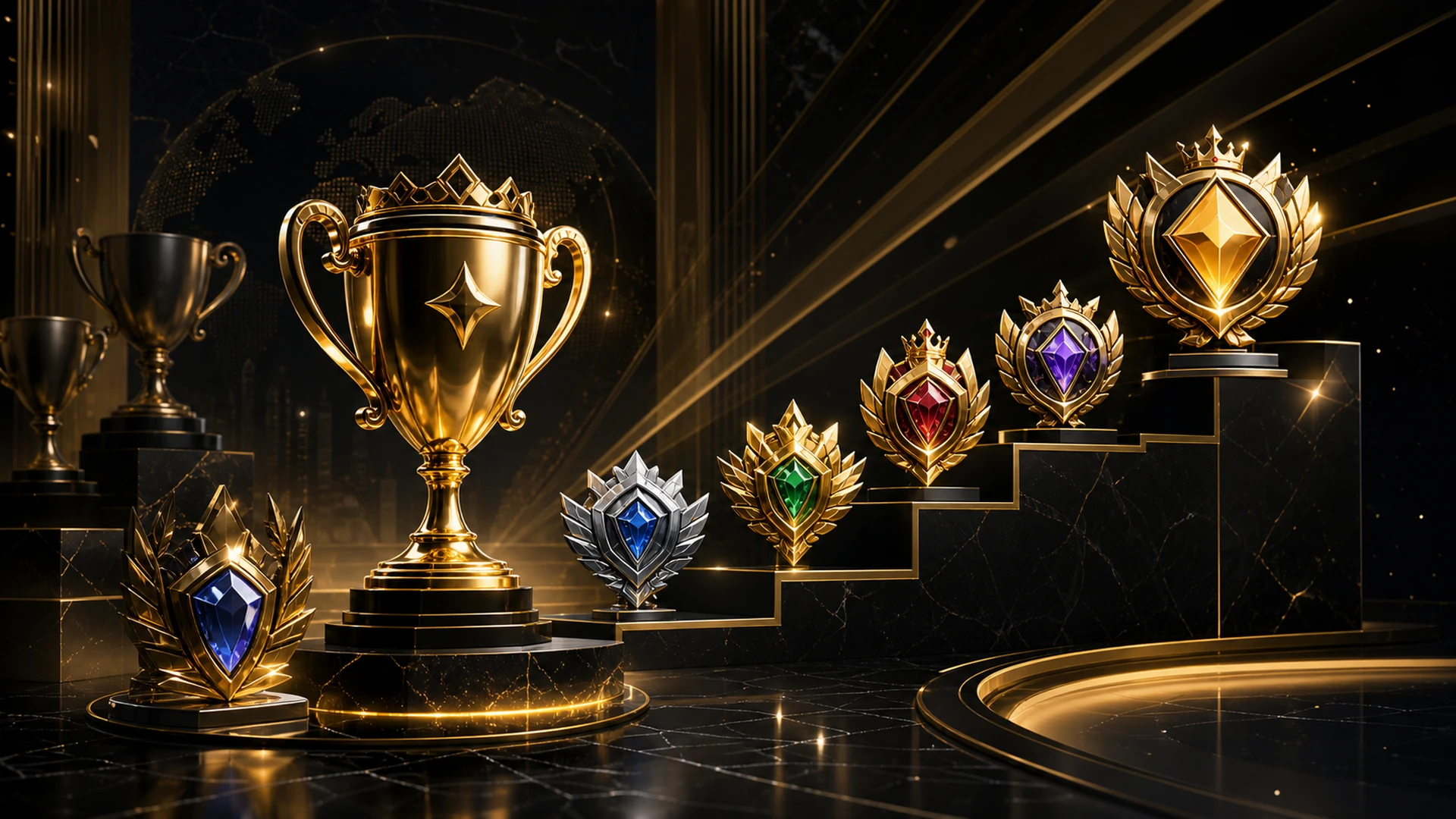 Luxury rewards banner with gold trophy, rank badges, gems and achievement steps.