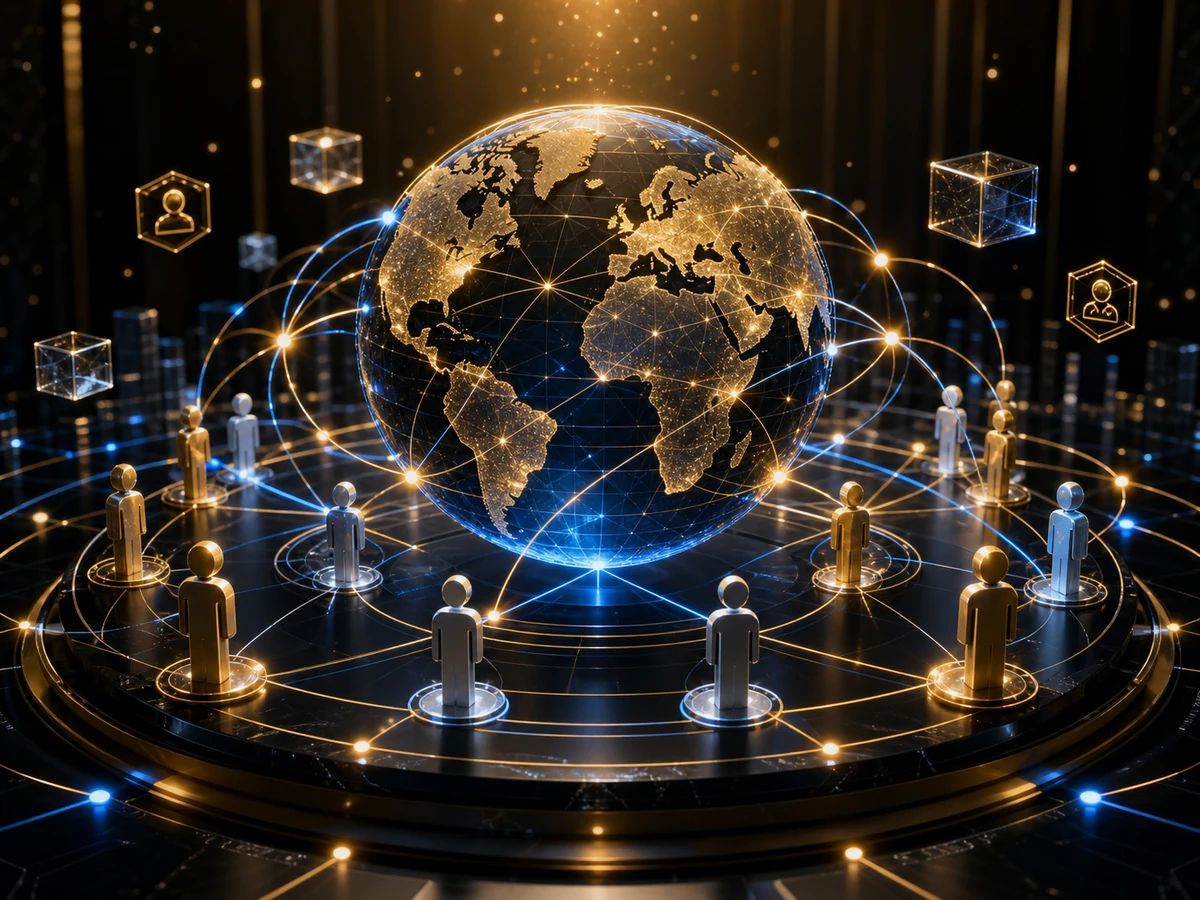 Holographic global community network with gold and blue blockchain connections.