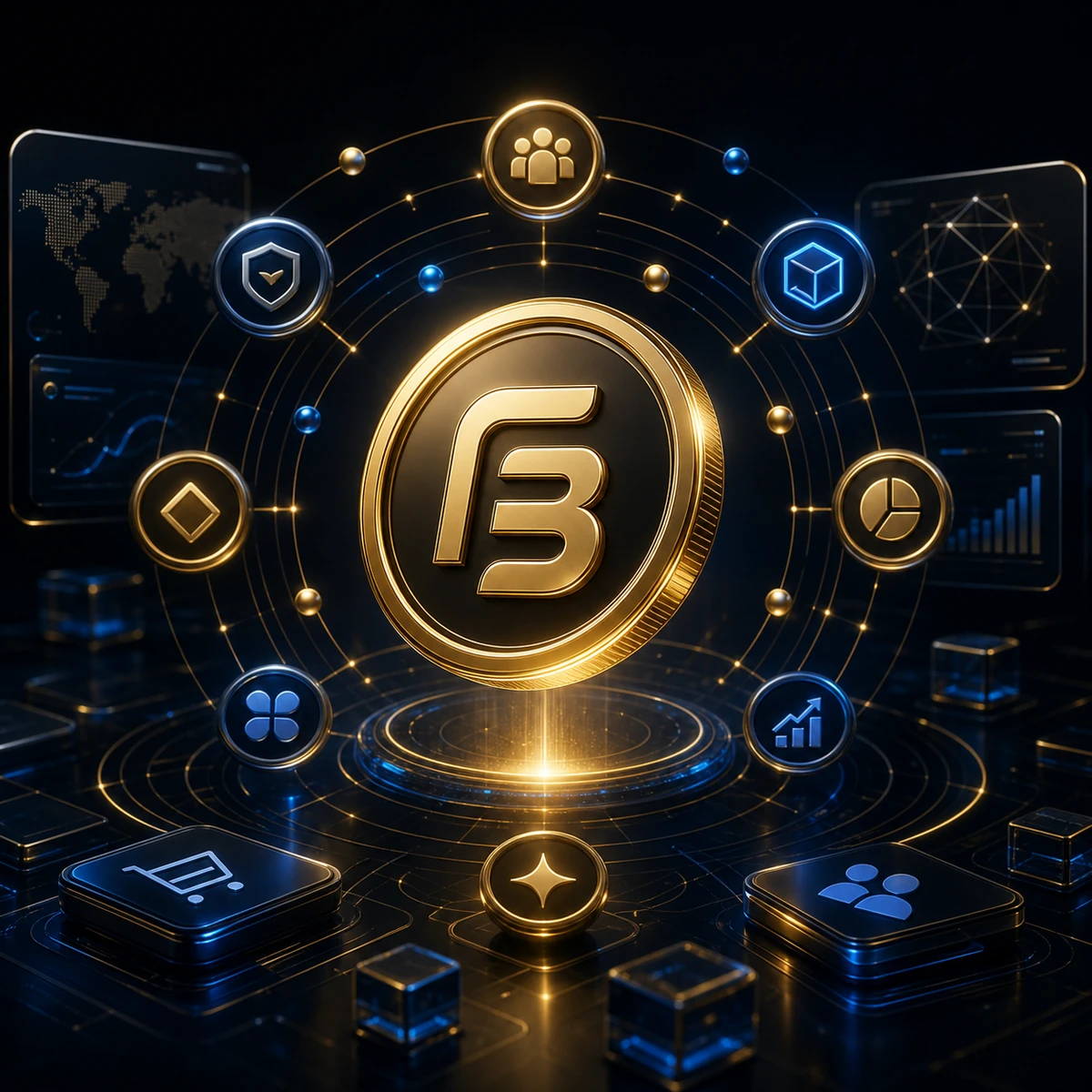 Premium gold utility token surrounded by Web3 ecosystem icons and glowing network rings.